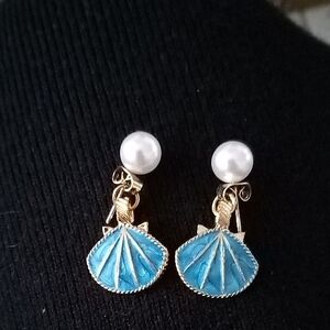 Gold Pearl & Blue Shell Drop Earrings - Women Jewelry